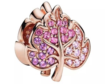 Sparkling Pavé Leaf Charm - 14k Rose Gold Plated - fit for Authentic Pandora Charm Bracelets - European Bracelet Beads