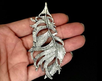 XL Feather Pendant - Antique Silver Finish - Beautiful Detail - 3D Feather - Focal Piece