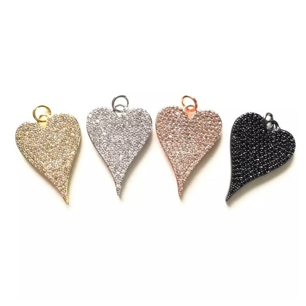 Cubic Zirconia Micro Pave Long Heart Pendant/Charm - Silver, Gold, Rose Gold, Black Finishes - 18x25mm Heart Charm
