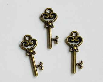 15 Key Charms - Antique Bronze - 2 Sided - Vintage Skeleton Key Charm
