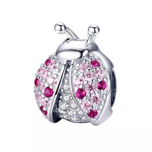 925 Sterling Silver - Ladybug Charm With Pink CZ Crystals - fit for Authentic Pandora Charm Bracelets - European Bracelet Beads