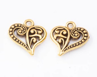 20 Decorative Heart Charms - Gold or Antique Gold - Scroll Design - Small Heart Charms - Gold Heart charms