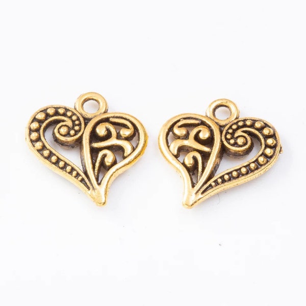 10 Decorative Heart Charms - Gold or Antique Gold - Scroll Design - Small Heart Charms - Gold Heart charms