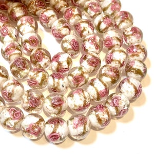 2 pcs - 12mm Handmade Lamp work Beads - White with Pink Swirls and Gold Sand - Stunning Glass Beads