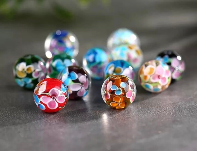 Artsy Crafts 24 Pcs 12mm Handmade Flower Glass Beads, European Maruno Beads, Lampwork Crystal Beads for Jewelry Making Charm Bracelet Necklace