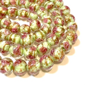 6 pcs - 12mm Handmade Lamp work Beads - Light Green with Pink Swirls and Gold Sand - Stunning Glass Beads