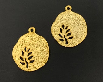 5 Tree Disc Charms - Gold Tone - Double Sided