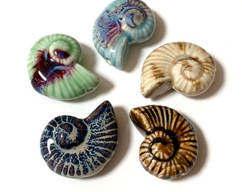 May include: Five ceramic seashells in various colors and patterns. The shells are all in the shape of a nautilus, with a spiral design.