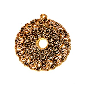 Lg Antique Gold Round Mandala Filigree Pendant - One piece - Beautiful detail!