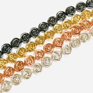 8 Hematite Rose Flower Spacer Beads - Design Front and Back - 8mm Carved Rose Beads - Available in Silver, Gold, Rose Gold, Black