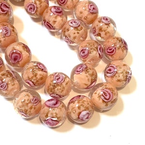 2 pcs - 12mm Handmade Lamp work Beads - Light Salmon with Pink Swirls and Gold Sand - Stunning Glass Beads