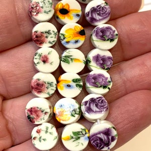 10 Ceramic Beads - 8mm Round/Flat Floral Ceramic Beads - Bracelet Beads, Necklace Beads, Ceramic Spacer Beads