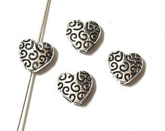 20 Heart Spacer Beads - Beautiful Scroll Design - Antique Silver Tone  - 10X8mm