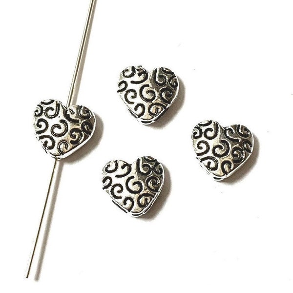 10 Heart Spacer Beads - Beautiful Scroll Design - Antique Silver Tone  - 10X8mm