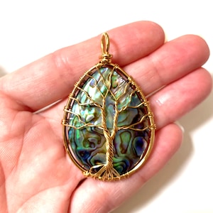 Abalone Shell Pendant- Gold Wire Wrapped Tree of Life Pendant - Handmade Abalone Shell Tree of Life Pendant