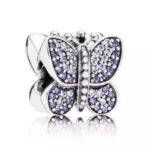 925 Sterling Silver - Sparkling Butterfly Charm - Purple and Clear CZ - fit for Authentic Pandora Charm Bracelets - European Bracelet Beads