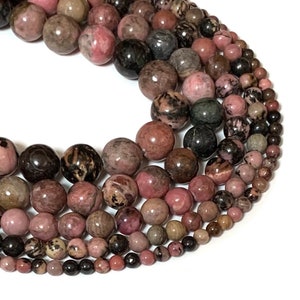 Black Lace Rhodonite Smooth Round Beads - Sizes 4/6/8/10/12mm - One Full 15&quot; Strand