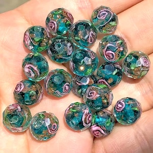 8/10/12mm Murano, Peacock Blue, Faceted, Lampwork Beads - Rondelle Floral Glass Beads - Floral Beads - 10 pcs