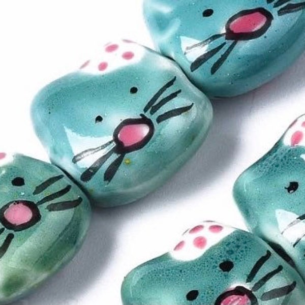 5 Ceramic Cat Beads - Handmade Bluish Green Cat Beads  -  Adorable hand painted ceramic cat beads