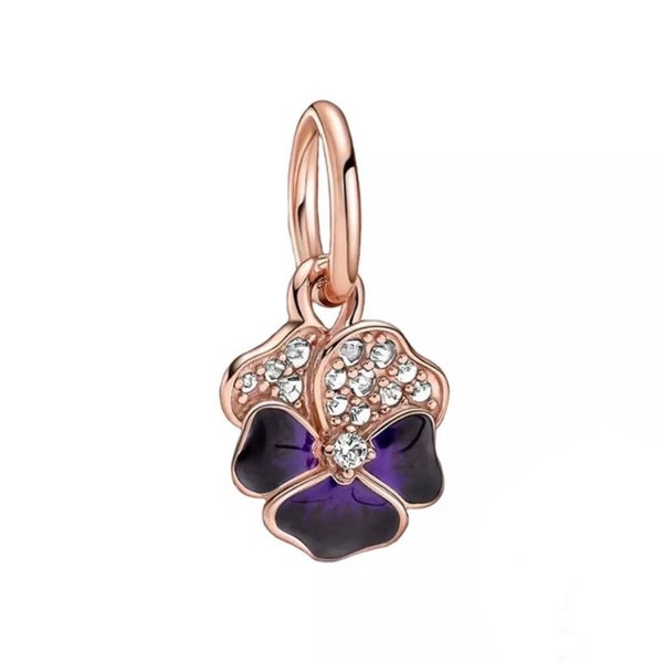 14K Rose Gold Plated - Deep Purple Pansy Flower Dangle Charm - Fits Pandora Charm Bracelets