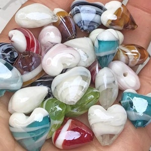 2 Murano Glass Heart Beads - 15mm Lamp work Beads - Handmade, Striped Glass Heart Beads - Available in 8 Colors - 2 pieces