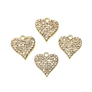 5 Rhinestone Heart Charms - Light Gold Finish - Sparkling Inlaid Rhinestone Heart Charms
