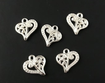 20 Decorative Heart Charms - Bright Silver - Scroll Design - Small Heart Charms - Silver Heart charms