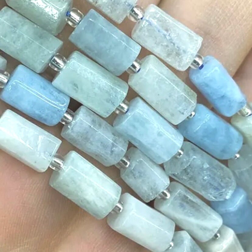 Natural Aquamarine Chalcedony - Smooth Cylinder Beads - Size 8x10mm - One Strand - Approx. 15 Beads