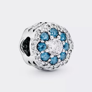 SALE 925 Sterling Silver - Blue Sparkle Flower Charm w/ CZ Crystals - Fit for Authentic Pandora Charm Bracelets - European Bracelet Beads