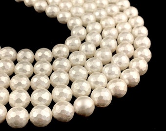 Natural White Faceted Shell Pearl Beads - 6mm, 8mm, 10mm, 12mm Round Gemstones 2 thumbnail image