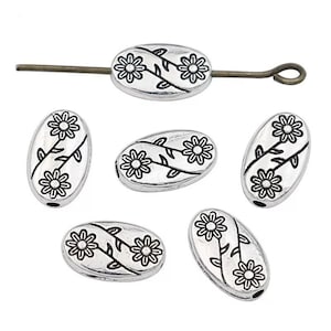 Spacer Beads - Floral Design Front and Back - Antique Silver Tone - Oval Spacer Beads - Floral Spacer Beads
