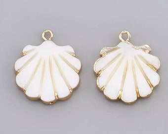 Mother of Pearl Carved Scallop Shell Charms - Edged in Gold Plating - 23mm x 20mm x 2.5mm