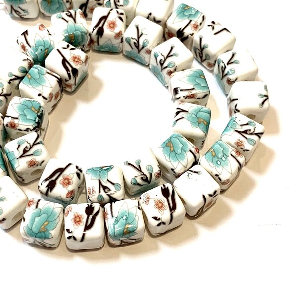 Ceramic Square Cube Beads - 9mm Square Floral Ceramic Beads -  Blue Floral Ceramic Beads - One full strand - 36 beads