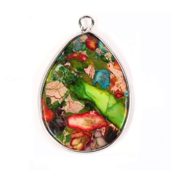 Sea Sediment Jasper Pendant/Charm - Bright Colors - Natural Stone - Flat Water Drop Pendant/Charm - Silver Bezel