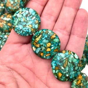 5 Beads - 25mm Mosaic Turquoise Round Flat Beads - Beautiful Color and Detail!
