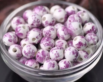 10 Ceramic Beads - 10mm Floral Ceramic Beads - Purple Floral Beads