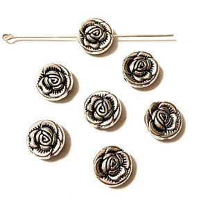 10 Rose Flower Spacer Beads - Design Front and Back - Antique Silver -  Flower Beads