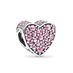 925 Sterling Silver - Pink Dazzling Heart Charm - Fit for Authentic Pandora Charm Bracelets - European Bracelet Beads