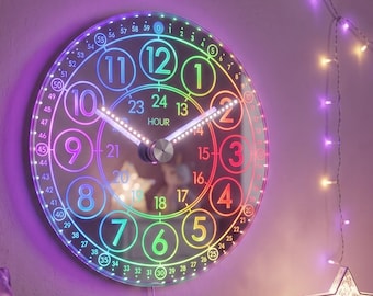 Learn to Tell Time Kids GlowHands Wall Clock | Educational RGB LED Clock with Illuminated Hands | 24 Hour & Minute Display Playroom Decor