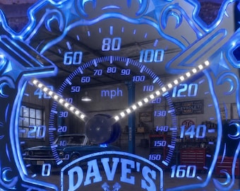 Personalized Speedometer Wall Clock, Custom Car Garage Decor, RGBIC Smart LED Neon, Illuminated Hands, Hot Rod Shop Sign