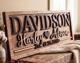 Custom Family Name Sign Personalized Last First Name Heart Wood Sign, Wedding Gift, Anniversary Gift, Housewarming Gift, Established Decor
