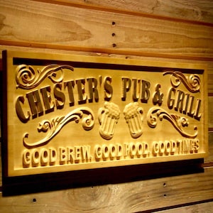wpa0357 Name Personalized PUB & GRILL Home Bar Gifts Wood Engraved Wooden Sign