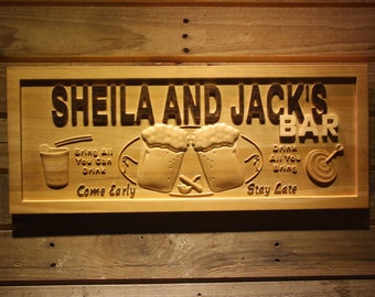 wpa0264 Name Personalized BAR Come Early Stay Late Housewarming Gifts Wood Engraved Wooden Sign