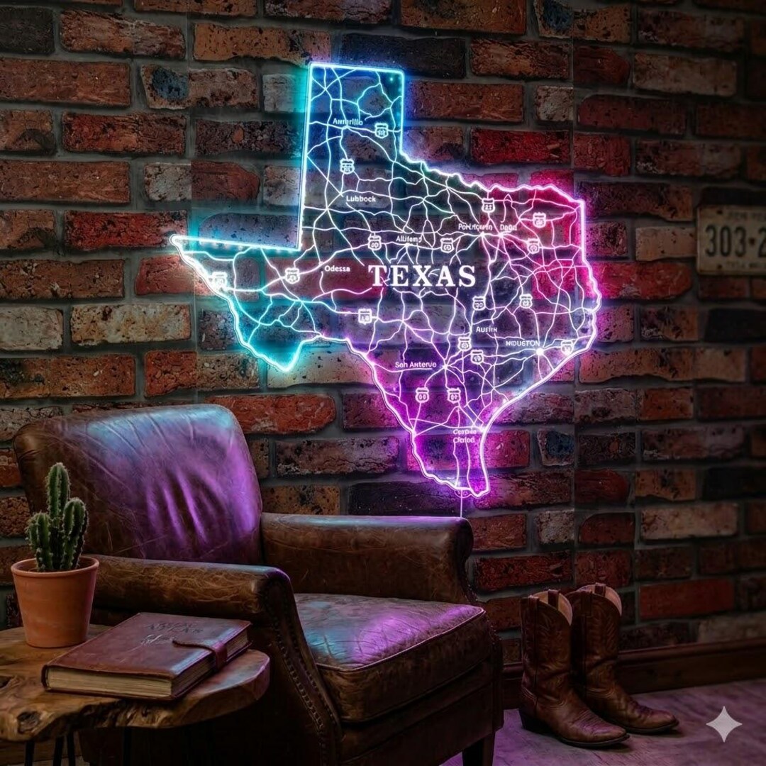 Texas Road Map RGB Dynamic Glam LED Sign - Cut-to-edge Shape