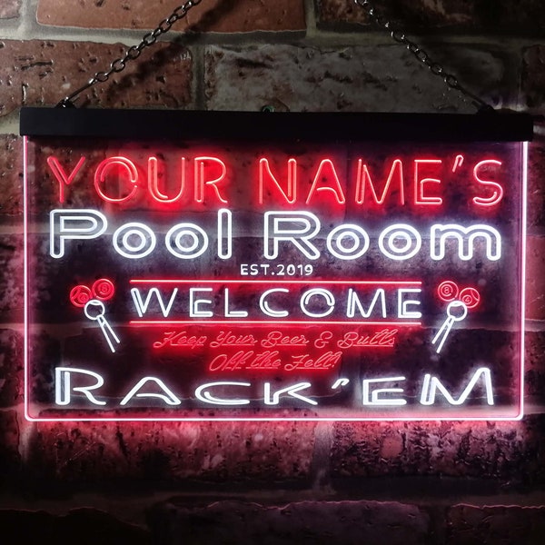 Personalisierter Ihr Name Est Jahr Thema Pool Raum Rack'em Club Zweifarbige LED Neon Schild st6-py1-tm