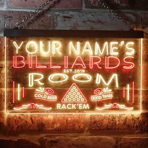 Letrero de neón LED de dos colores personalizado con nombre, año de estreno, tema, sala de billar, garaje, st6-pj1-tm
