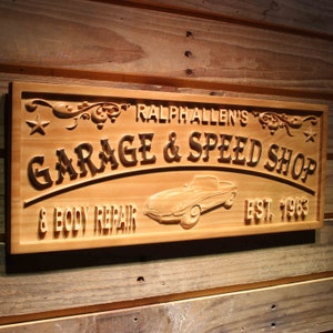 wpa0421 GARAGE & SPEED SHOP Name Personalized with Est. Year Wood Engraved Wooden Sign