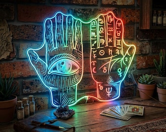 Letrero de neón LED con mano de Hamsa para quiromancia, arte mural místico del zodíaco, decoración para sala de lectura psíquica fnd-i0389