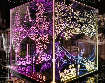 Personalized Light Up Acrylic Wedding Card Box | Custom Engraved Reception Money Drop Box | Elegant Keepsake Envelope Holder