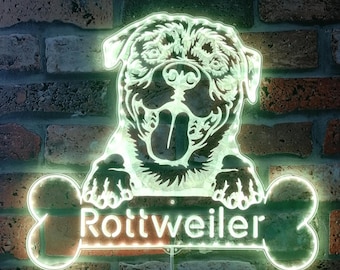 Letrero LED RGB dinámico y glamuroso de Rottweiler con nombre personalizado - Forma recortada - Decoración de pared 3D inteligente - Multicolor - st06-fnd-p0076-tm